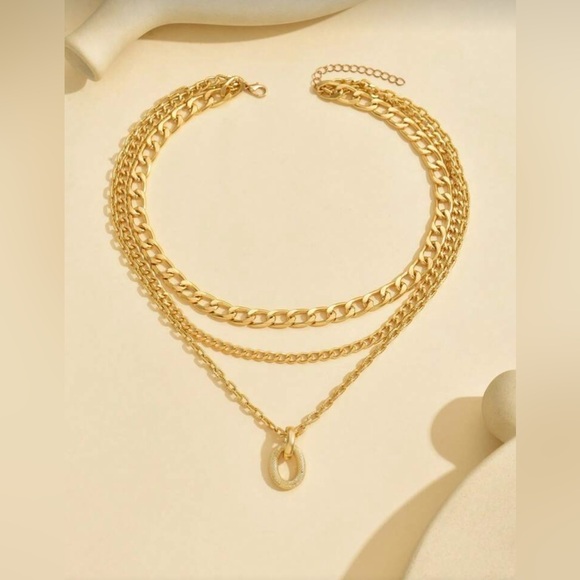 Gold 1pc Layered Chain Necklace Layered Pendant Necklace - Picture 2 of 2
